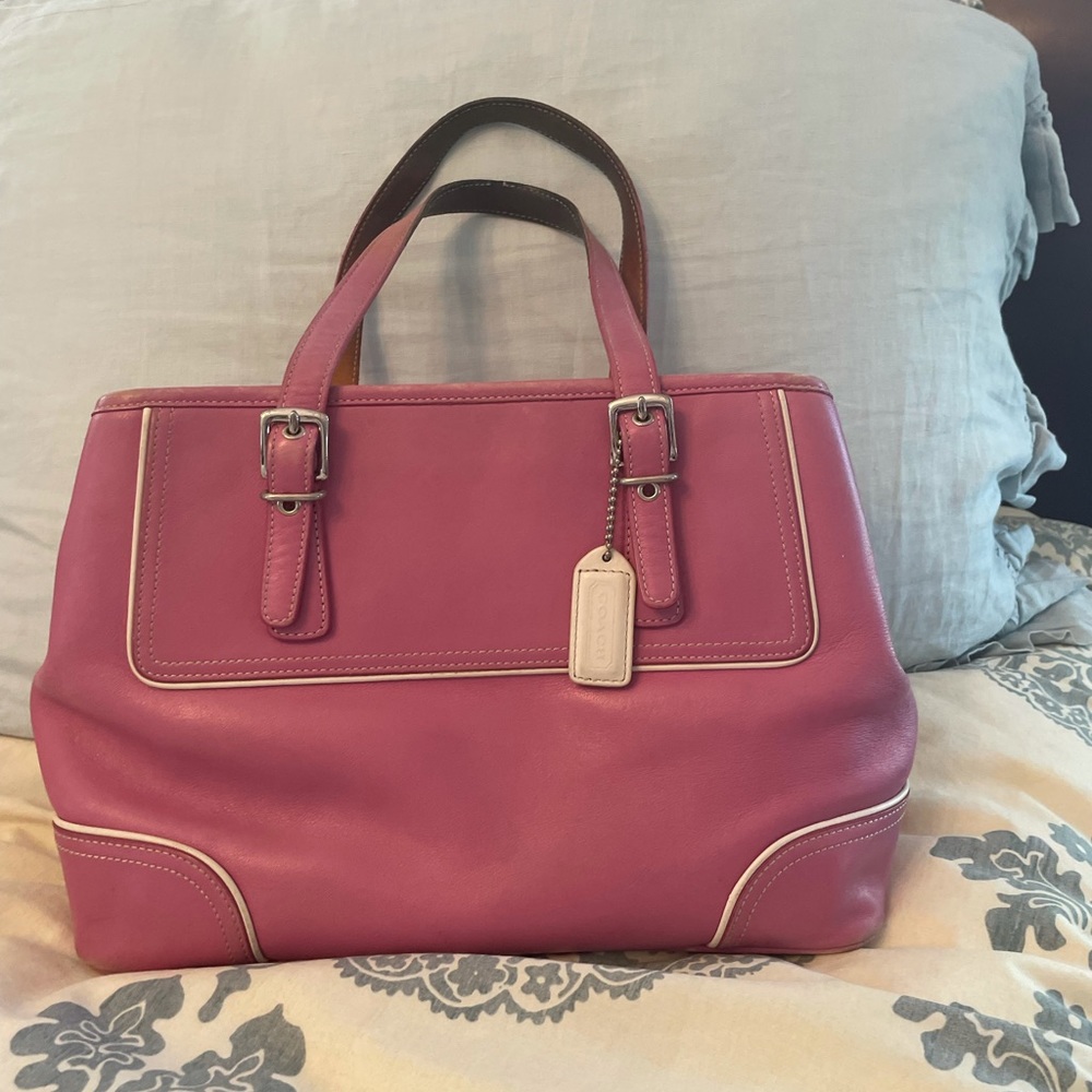 Coach Hamptons Collection Pink Leather Tote with White Stitching - Picture 2 of 12